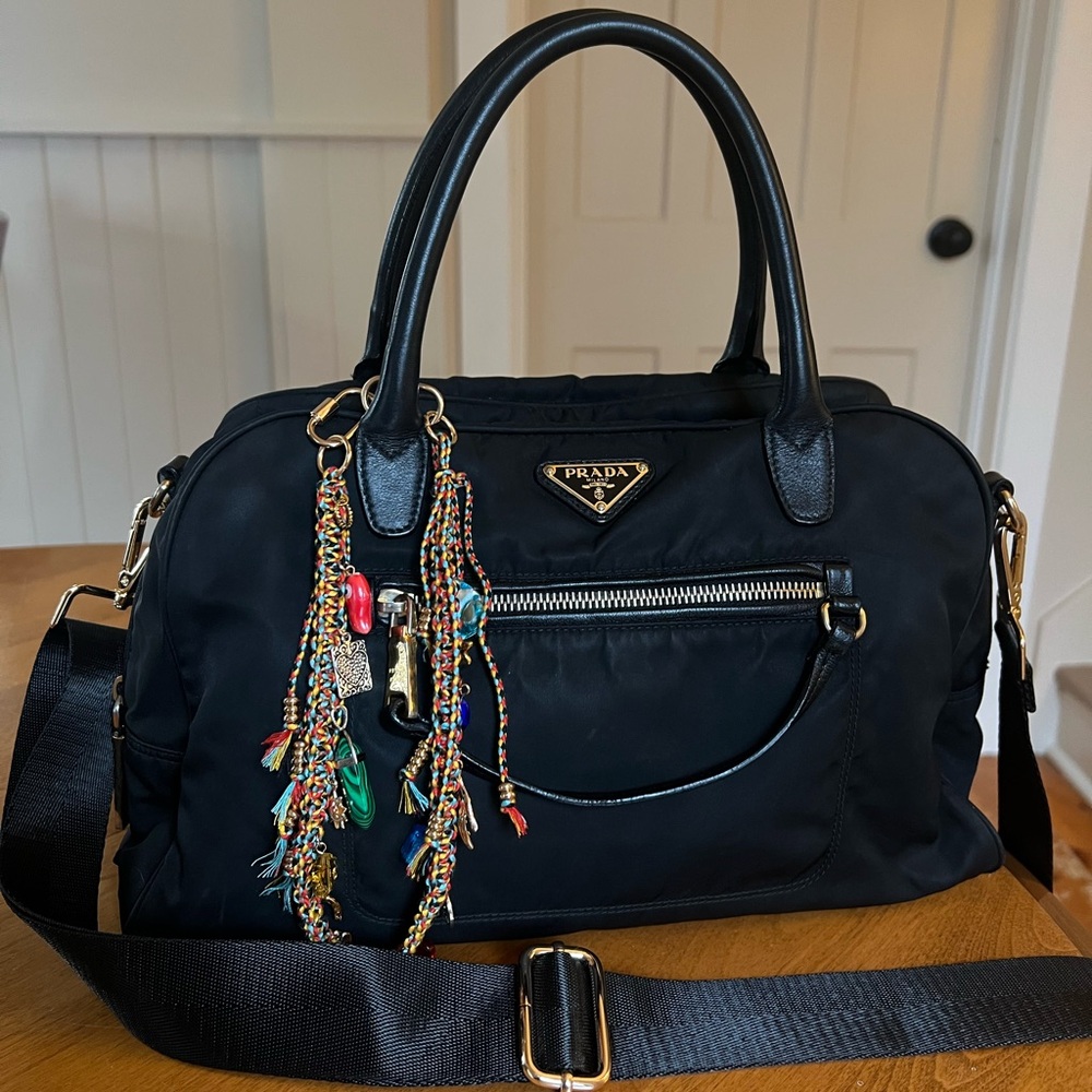 SOLD Prada Black Nylon and Leather-Trimmed Two Way Handbag